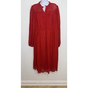 Torrid Midi Clip Dot Red Chiffon Button Front Dress Long Sleeve Women's Size 2X